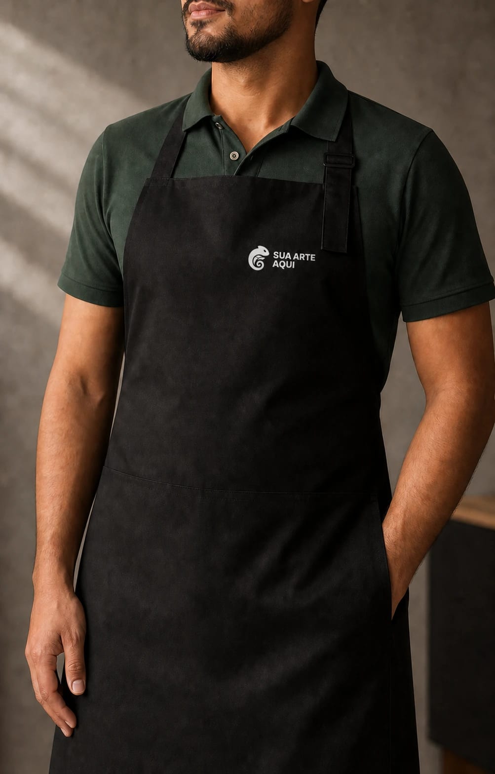 Modelo ilustrativo de avental preto sobre polo verde, com exemplo de personalização