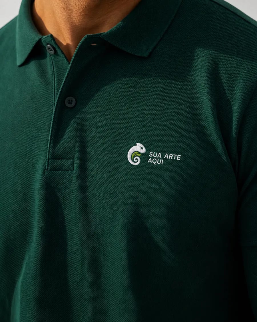 Modelo ilustrativo de polo verde com exemplo de personalização no peito